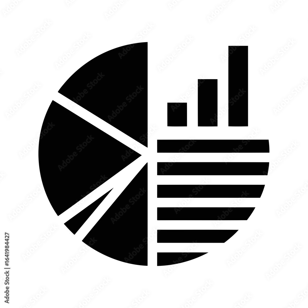 Poster black and white icon representing data analysis with a pie chart and bar graph, isolated on white ba