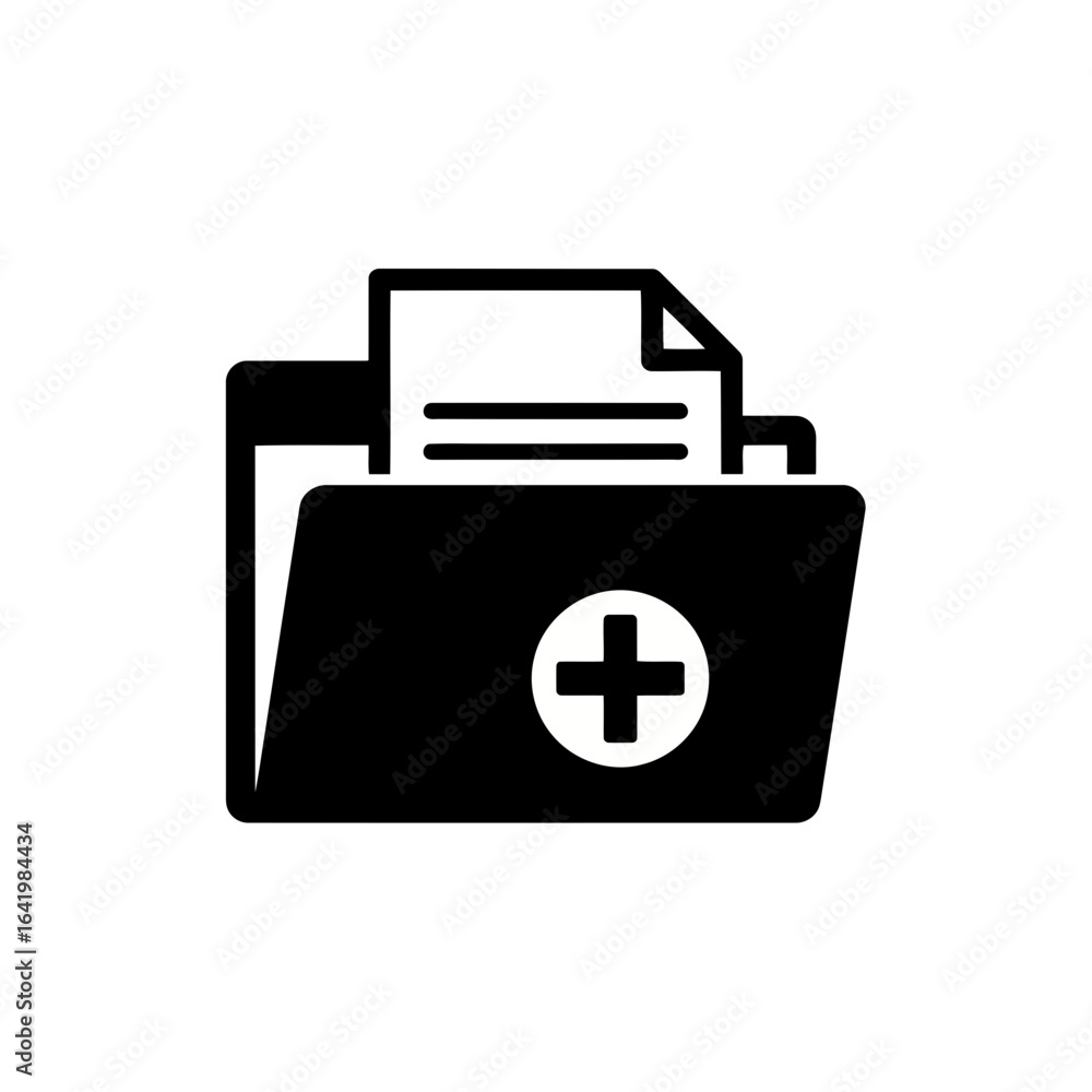 Poster black folder icon with a document and a plus sign, isolated on white background vector icon