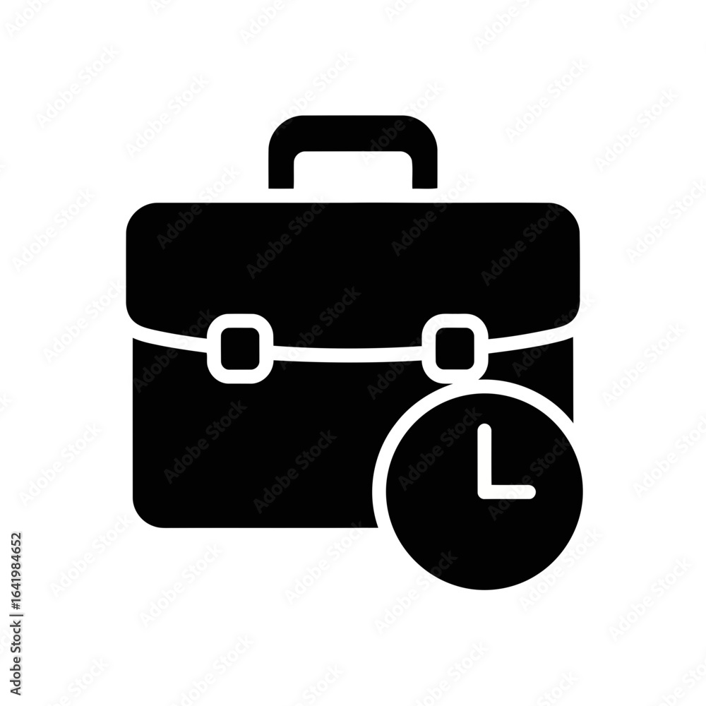 Poster black icon of a briefcase with a clock symbol indicating time management and business deadlines, iso