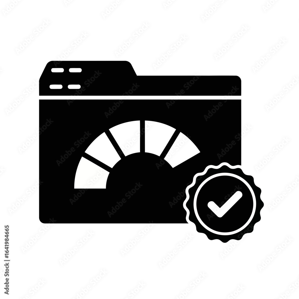 Poster folder with a progress gauge and a checkmark seal of approval, isolated on white background vector i