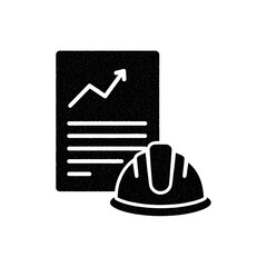Construction hard hat and a report with a growth chart, representing project planning and progress in the industry, isolated on white background vector icon