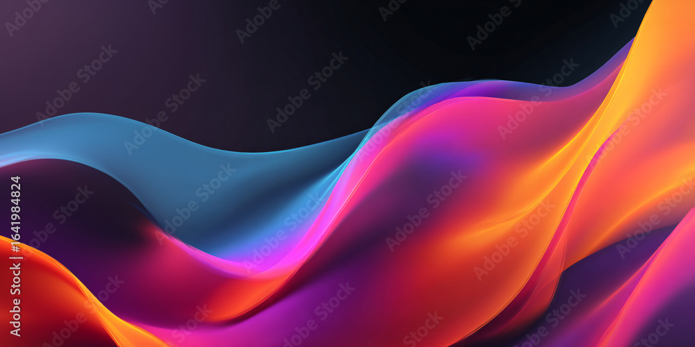 Poster abstract multicolored wave on dark background. bright and saturated colors in gradient. banner. smoo