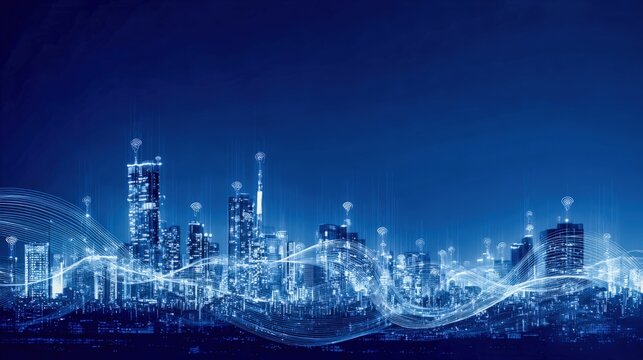 Futuristic Cityscape Illustration with Network Connections, Digital Overlay, Technology and Innovation