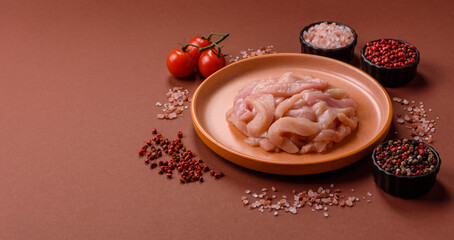 Raw chicken meat cut into strips, fresh fillet or breast slices. Chicken raw meat in pieces