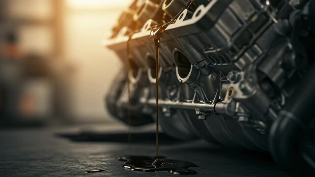 Engine oil leaking from metallic car engine in workshop setting  