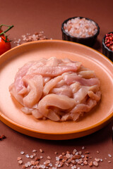 Raw chicken meat cut into strips, fresh fillet or breast slices. Chicken raw meat in pieces