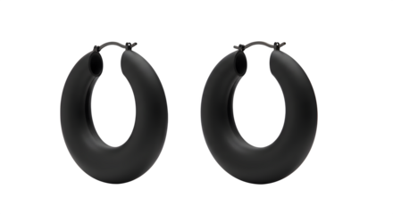Matte black, rounded hoop earrings sit against a stark background. Ideal for jewelry ads, style blogs, or accessories product photography.
