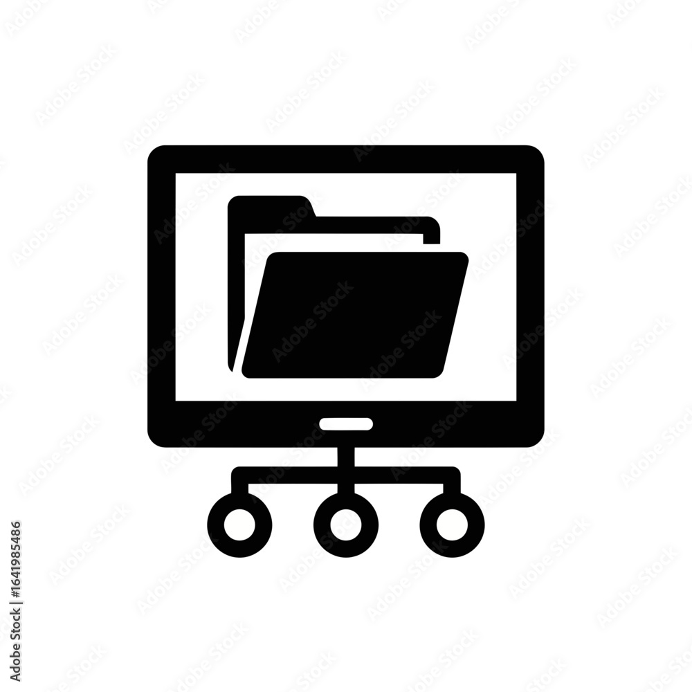 Poster Black icon of a computer monitor displaying a folder connected to a network, representing data storage and system management, isolated on white background vector icon