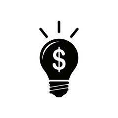 Black and white icon of a lightbulb with a dollar sign inside, symbolizing a moneymaking idea, isolated on white background vector icon