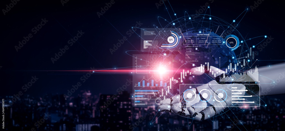 Poster ai analyzing sales data dashboard, visualizing performance metrics, detecting trends, and generating