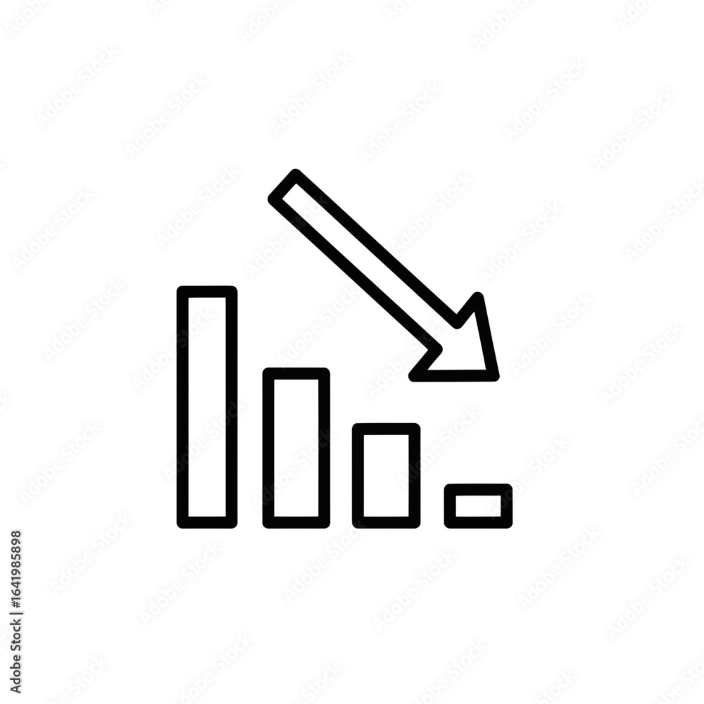 Poster Line graph showing a downward trend with a falling arrow, isolated on white background vector icon