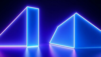 Futuristic composition of glowing geometric shapes in blue and purple gradients.