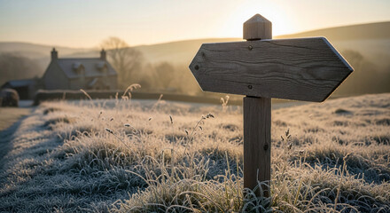 Wooden directional signpost in frosty field at sunrise with distant house wooden signpost