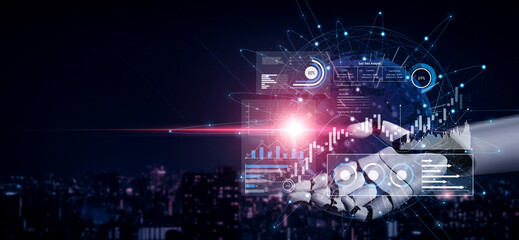 AI analyzing sales data dashboard, visualizing performance metrics, detecting trends, and generating insights to improve financial outcomes and strategic planning. Vouch