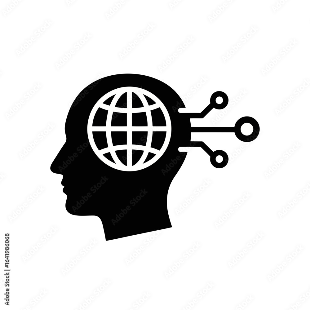 Poster silhouette of a human head with a globe and circuits inside, representing global thinking and techno