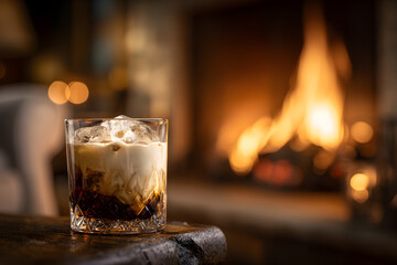 White Russian Cocktail by Fireplace