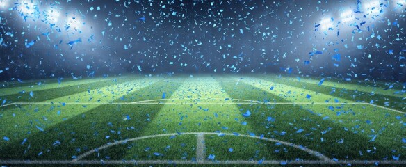 The vibrant soccer field illuminated with confetti in a celebratory atmosphere.