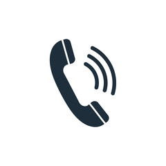 Dark blue icon of a ringing telephone handset with sound waves, representing communication and calls vector icon