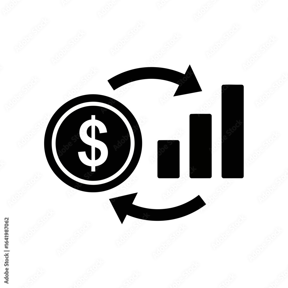 Poster black icon showing a dollar coin with a rising bar graph and circular arrows, isolated on white back
