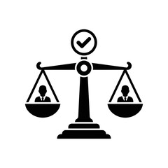 Black silhouette of a balanced scale with two figures in suits and a checkmark on top, symbolizing justice and fairness, isolated on white background vector icon