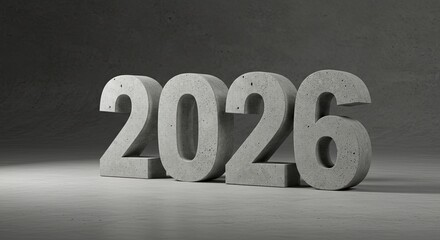 Concrete 2026: Bold Year Display with Industrial Texture and Monochromatic Palette