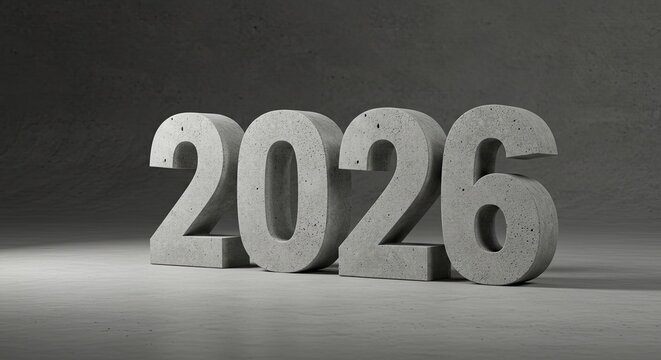 Concrete 2026: Bold Year Display with Industrial Texture and Monochromatic Palette