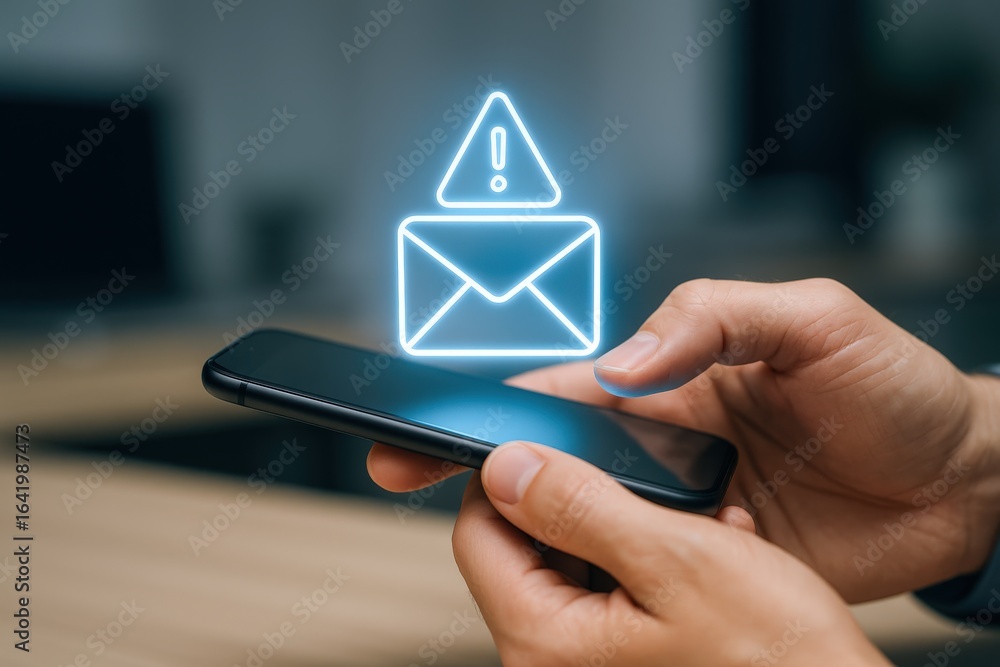 Poster alert notification on mobile phone with envelope and exclamation point, warning of possible security