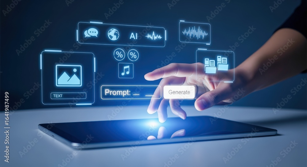 Poster ai-powered content generation: hand interacting with digital interface on tablet display for creativ