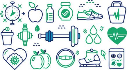 Fototapeta premium Health and Fitness Icons in Green and Blue collection