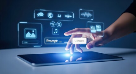AI-Powered Content Generation: Hand Interacting with Digital Interface on Tablet Display for Creative Content Creation