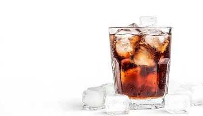 Refreshing glass of cola with ice cubes on transparent background