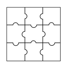  Scheme of thinking game set. Six Jigsaw ni outline grids collection with 9 details. Square puzzle pieces grid. Cutting template. Modern background with separate shapes. Vector illustrator