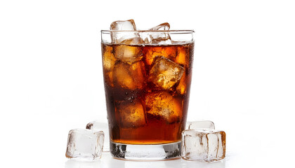 Refreshing glass of cola with ice cubes on transparent background