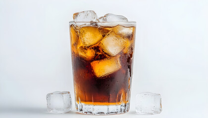 Refreshing glass of cola with ice cubes on transparent background