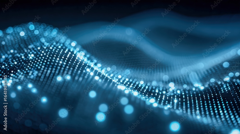 Poster abstract digital landscape with glowing particles: modern technology background with dynamic wave