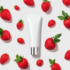 Tube of creams with strawberry on white background.