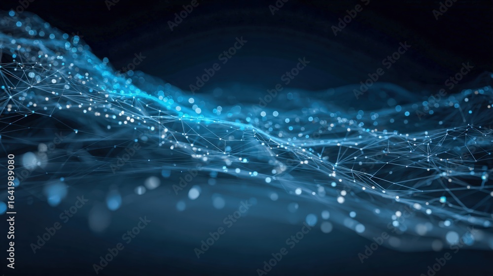 Poster abstract network connection structure with glowing nodes and lines on a dark background depicting co