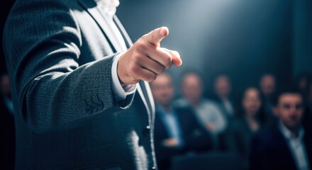 Motivational Speaker Addressing Audience in Auditorium, Focus on Hand Gesture Pointing Forward, Business Strategy