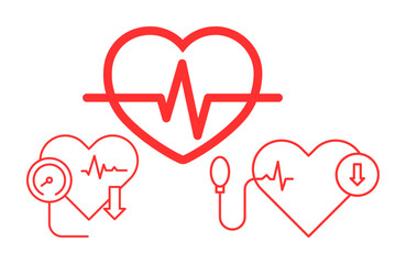 Red line art depicts heart health issues. Graphic for medical branding, digital designs, websites.