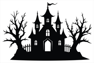 Spooky haunted castle with bare trees and fence in a dark silhouette style