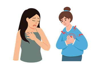 Obraz premium Cartoon women experience chest pain, possibly low blood pressure or high blood pressure. Use: health awareness, presentations, social media.