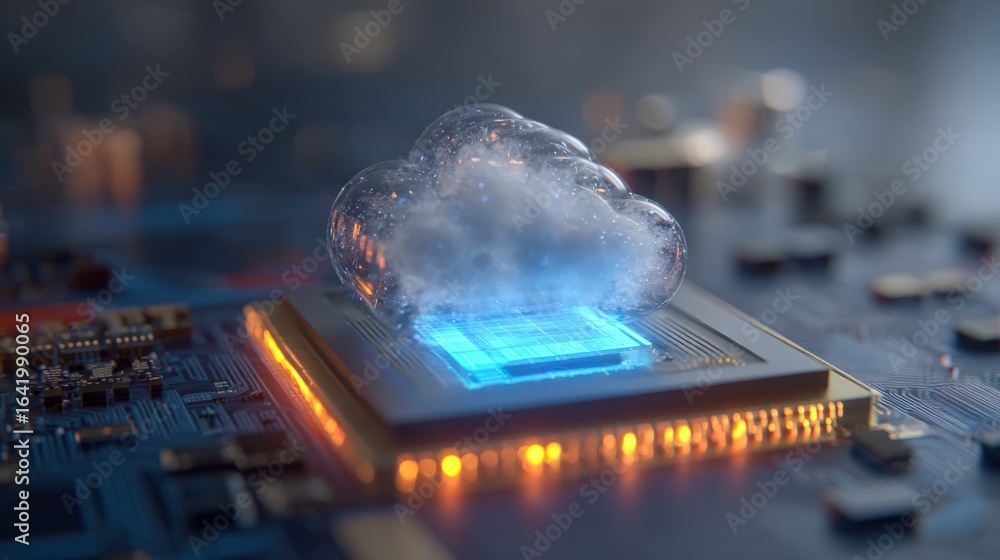 Poster cloud computing technology: digital cloud symbol on a microprocessor illustrating modern computing c