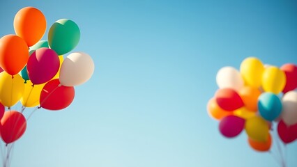 Colorful balloons floating against clear blue sky, retro color grading, soft bokeh.