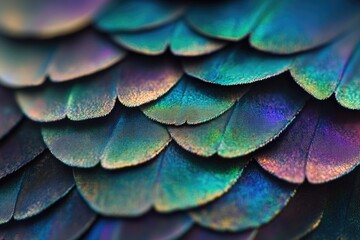 Obraz premium Close-up of iridescent bird feathers, showcasing vibrant teal, purple, and gold hues.