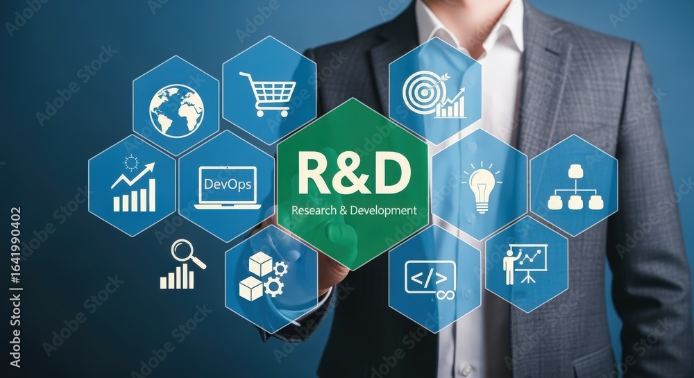 Poster research and development concept: man interacting with r&d icons representing innovation and busines