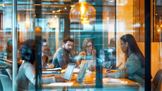 A diverse team collaborates around table in bright, modern office. The team works together, fostering innovation, inclusivity, creating collaborative, productive workspace environment