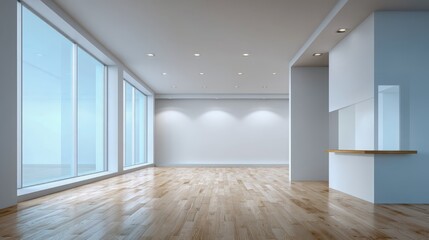Obraz premium Bright Empty Room with Large Windows and Wooden Floor, Ideal for Interior Design Mockups