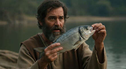 A man, Peter, looks with surprise at a fish he has just caught, finding a coin in its mouth to pay the temple tax.