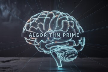 Dynamic 3D brain illustration with algorithm prime text, perfect for AI and tech visuals