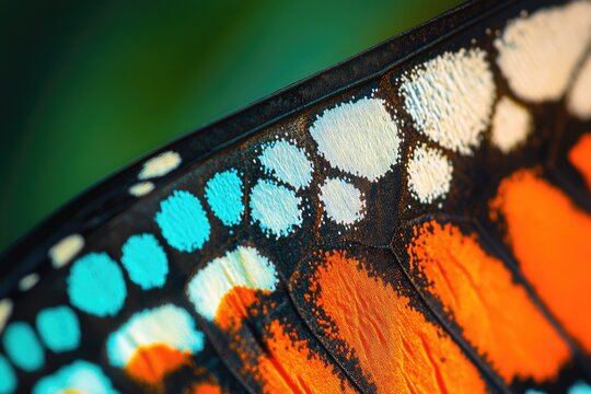 Close-up of a butterfly wing showcasing vibrant orange, turquoise, and white patterns.